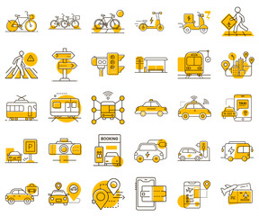 Urban mobility icon set - Transportation icons in yellow outline style for mobility concepts  