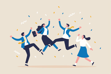Happy office workers, joyful staff or employee success, team or colleague celebrate work achievement together, diverse, excited people concept, business people office worker jump to celebrate success.