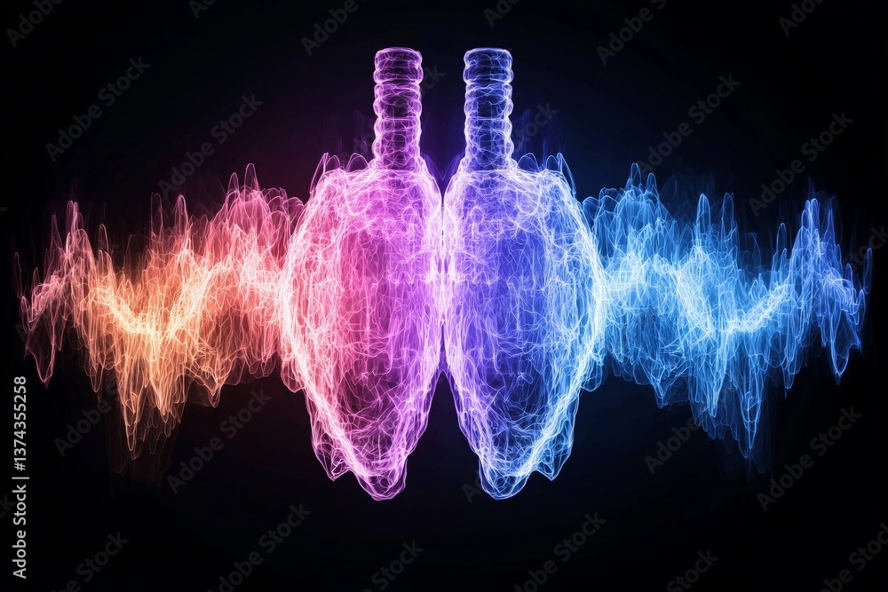 Poster glowing neon heart in digital waveform with multicolored light particles symbolizing connection ener