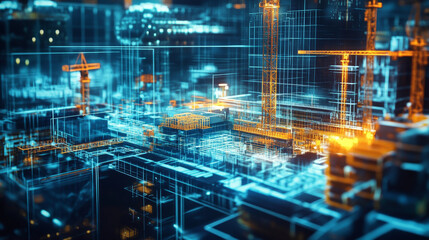 Obraz premium cutting edge construction site is depicted with intricate blueprints and glowing structures, showcasing advanced technology and innovation in urban development