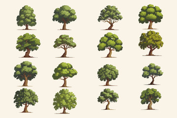 Collection of stylized green tree vector illustrations with diverse shapes, trunks, and foliage in hand-drawn cartoon style
