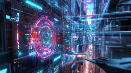 Futuristic digital cityscape with vibrant neon lights and holographic interfaces, showcasing advanced technology and urban architecture. scene evokes sense of innovation and exploration