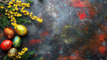 Easter celebration background with mimosa flowers and colorful eggs perfect for text space