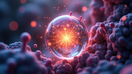 A molecular structure with glowing particles and a central sphere labeled "GLP1".