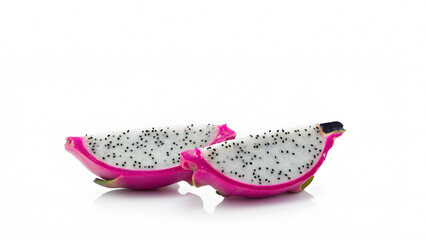 Exotic dragon fruit sliced in half, showing its vibrant pink skin and speckled white flesh