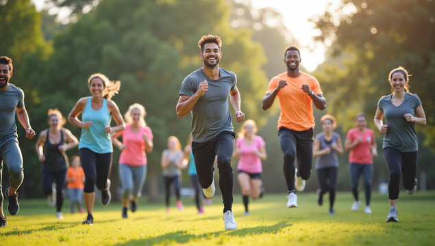A diverse group of people energetically participating in an outdoor HIIT class in a sunny park. Focus on dynamic movement, smiles, and a sense of community.