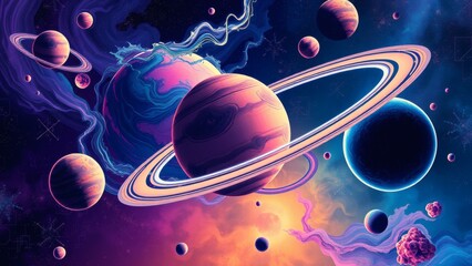 A vibrant cosmic ballet of swirling planets and nebulae, painted in dreamy purples, pinks, and oranges, with a majestic ringed planet as its centerpiece. © sabraj