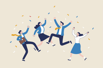 Happy office workers, joyful staff or employee success, team or colleague celebrate work achievement together, diverse, excited people concept, business people office worker jump to celebrate success.