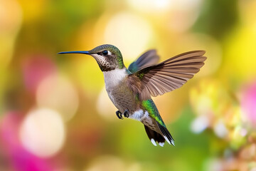 Fototapeta premium vibrant hummingbird flits gracefully among colorful flowers, showcasing its iridescent feathers and delicate wings. This enchanting scene captures essence of nature beauty and joy of flight