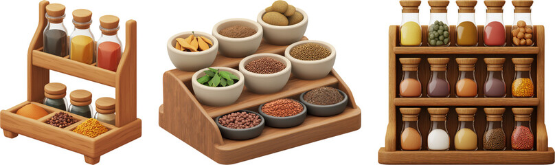 Set of Spice rack 3D cartoon png on transparent background , cut out