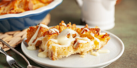 Homemade easy sweet dessert. Bread pudding in baking pan