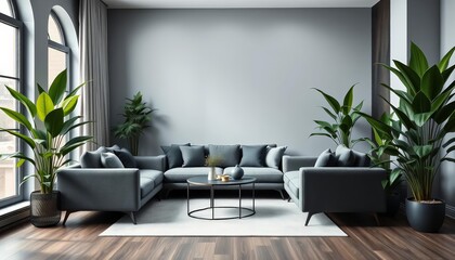 Stylish gray living room with modern couch & lush green plants, grey sofa, house