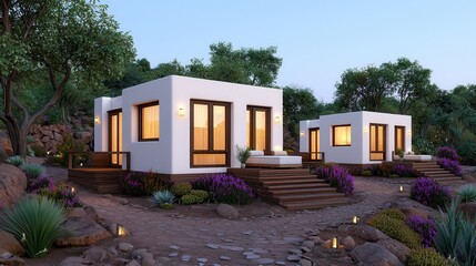 Modern Desert Cabins Stylish Minimalist Architecture with Outdoor Decks and Landscaping at Dusk