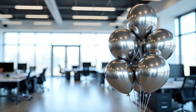 Silver balloons in modern office with blurred background - celebrating business milestone