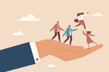 Organization resource, people or employee support, care, benefit or protection, workplace wellbeing, office community or employee care concept, businessman hand cover working employees with care.