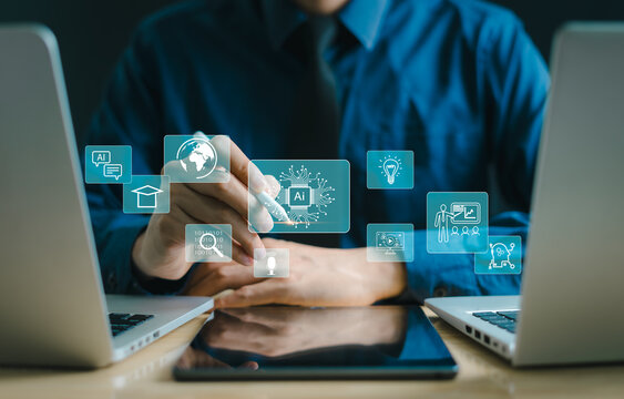 Artificial Intelligence Technology AI for Education Modern Digital Learning New Skills Development Courses and Online Learning Business Learning Lessons and Online Seminars on Laptops