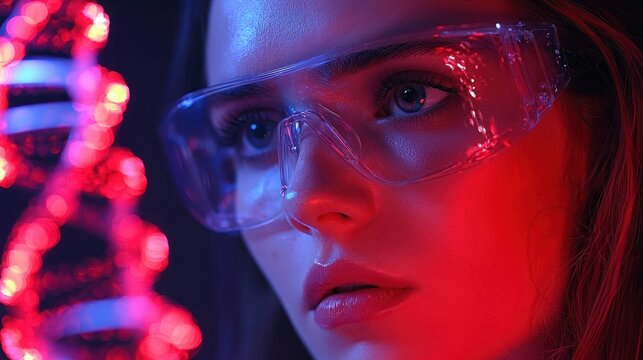 Futuristic Woman with DNA Strand in Laboratory Setting, Highlighting Advanced Technology and Artificial Intelligence Concepts