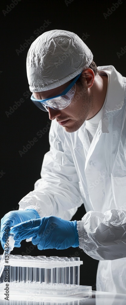 Poster scientist in sterile suit working under laboratory hood handling samples representing precision cont