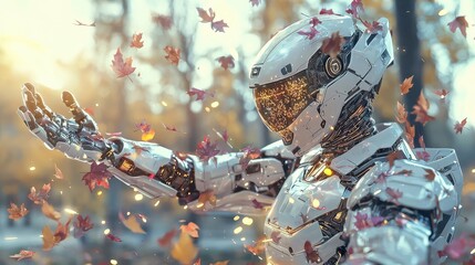 Futuristic humanoid robot enjoys autumn, arms outstretched under falling leaves in park, golden light, photorealistic textures