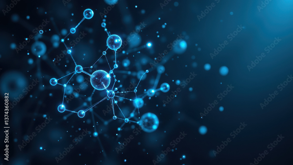Poster high-resolution microscopic image of a glp1 molecular structure with glowing blue particles and dark