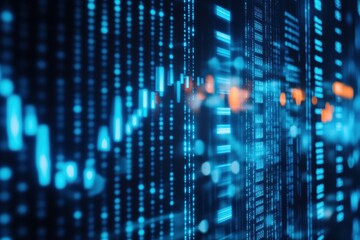 Blue financial digital background. Abstract flowing data ramp. Stock market trading graph. Futuristic investment concept. Economic trends business idea. Glowing candlestick chart. Trade technology