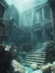 vivid underwater scene illustrates ancient city, showcasing grand columns and stone steps surrounded by marine life. Sunlight filters through water, creating serene atmosphere