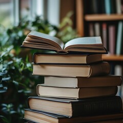 Fototapeta premium Serene stack of vintage books with open book on top against a lush green plant and wooden bookshelf in soft light