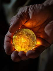 person holding glowing golden coin symbolizes cryptocurrency and digital finance. intricate details of coin reflect innovation and modern technology, showcasing growing importance of digital