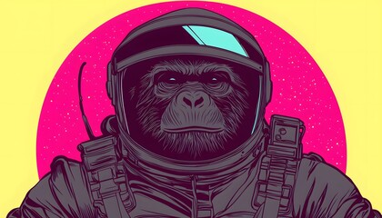 A stylized illustration of a gorilla in a space suit against a vibrant pink and yellow background, combining elements of adventure and wildlife.
