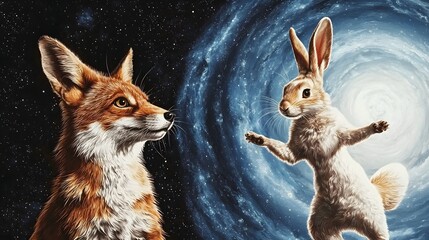 A fox and a rabbit are depicted in a cosmic setting, surrounded by swirling galaxies, showcasing a whimsical interaction between the two animals.