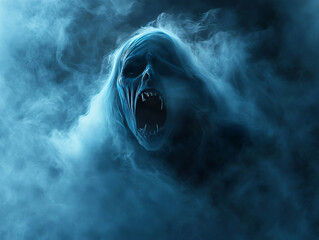 ghostly figure emerges from mist, its haunting visage and open mouth evoke chilling sense of fear and mystery. ethereal blue tones enhance eerie atmosphere, captivating viewer