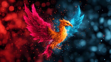 A vibrant depiction of a phoenix with fiery red and cool blue wings, surrounded by colorful splashes, symbolizing rebirth and duality.
