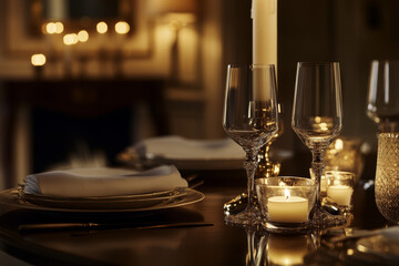 sophisticated setup at fine dining table featuring elegant glassware, soft candlelight, and warm ambiance creates romantic atmosphere perfect for special occasions