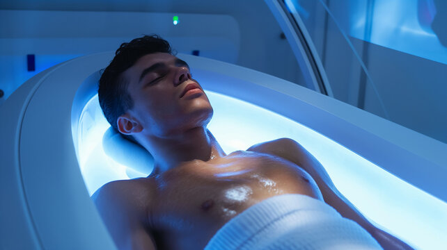 This young individual experiences cryosleep in a sleek chamber, surrounded by advanced technology.