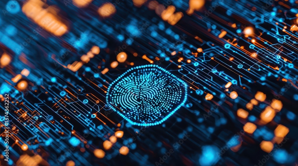 Aufkleber technology background featuring digital circuit board with abstract patterns and blue and orange lig