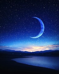 Obraz premium Serene Nightscape Crescent Moon Gleaming Above Tranquil Lake Reflecting Stars in a Dreamy Blue Landscape