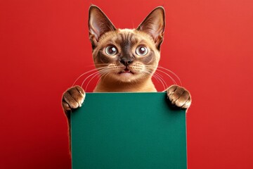 Isolated cat on a solid outfit red background. Studio face for ad. &ETH;&iexcl;ute adult cat burmese hold in front paws a prototype - large green boulevard sign. Studio cat photo. Cat with street poster.