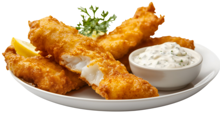 Freshly fried fish sticks with a golden crust, served with a small bowl of creamy tartar sauce. Isolated on white background.