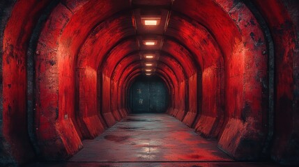 Mysterious Red Corridor Deep Red Walls Dark Teal Door
