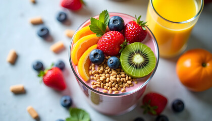 Fresh protein smoothie bowl  food replacement with fruits and granola on a light background  