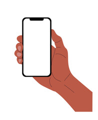 Hands holding smart phone with finger touching blank screen. Mockup of mobile phone with copy space. Flat vector realistic illustration isolated