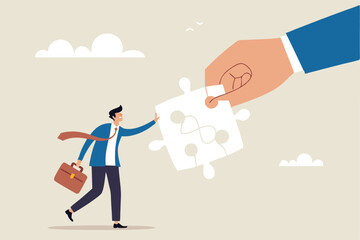 Complete communication speech bubble, solve or help employee communicate with dialogue puzzle, discussion or negotiation skill concept, businessman hand help connect jigsaw on speech bubble.