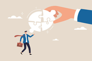 Complete communication speech bubble, solve or help employee communicate with dialogue puzzle, discussion or negotiation skill concept, businessman hand help connect jigsaw on speech bubble.