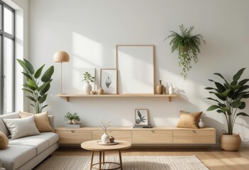  Neutral Palette Living Room with Warm Accents and Lush Greenery on a Floating Shelf