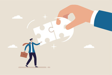 Complete communication speech bubble, solve or help employee communicate with dialogue puzzle, discussion or negotiation skill concept, businessman hand help connect jigsaw on speech bubble.