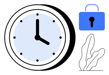 Large analog clock and blue lock represent time management and security, complemented by two abstract plant leaves. Ideal for scheduling, productivity, privacy, deadlines, planning, organization