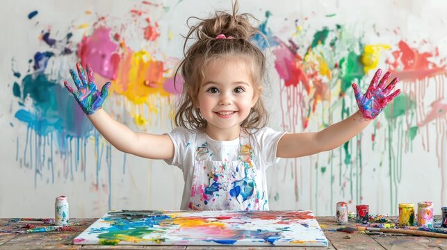 Joyful Young Artist Proudly Displays Her Colorful, Paint-Covered Hands in Her Art Studio Setting