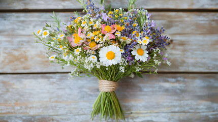 A charming wildflower bouquet with daisies, poppies, and lavender, tied together with a rustic twine for a simple and elegant look.