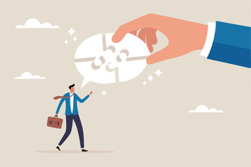 Complete communication speech bubble, solve or help employee communicate with dialogue puzzle, discussion or negotiation skill concept, businessman hand help connect jigsaw on speech bubble.