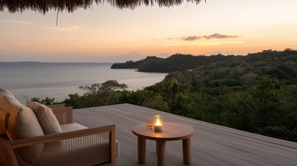 A stunning sunset view overlooking the ocean from a wooden deck with seating area. A serene and relaxing scene